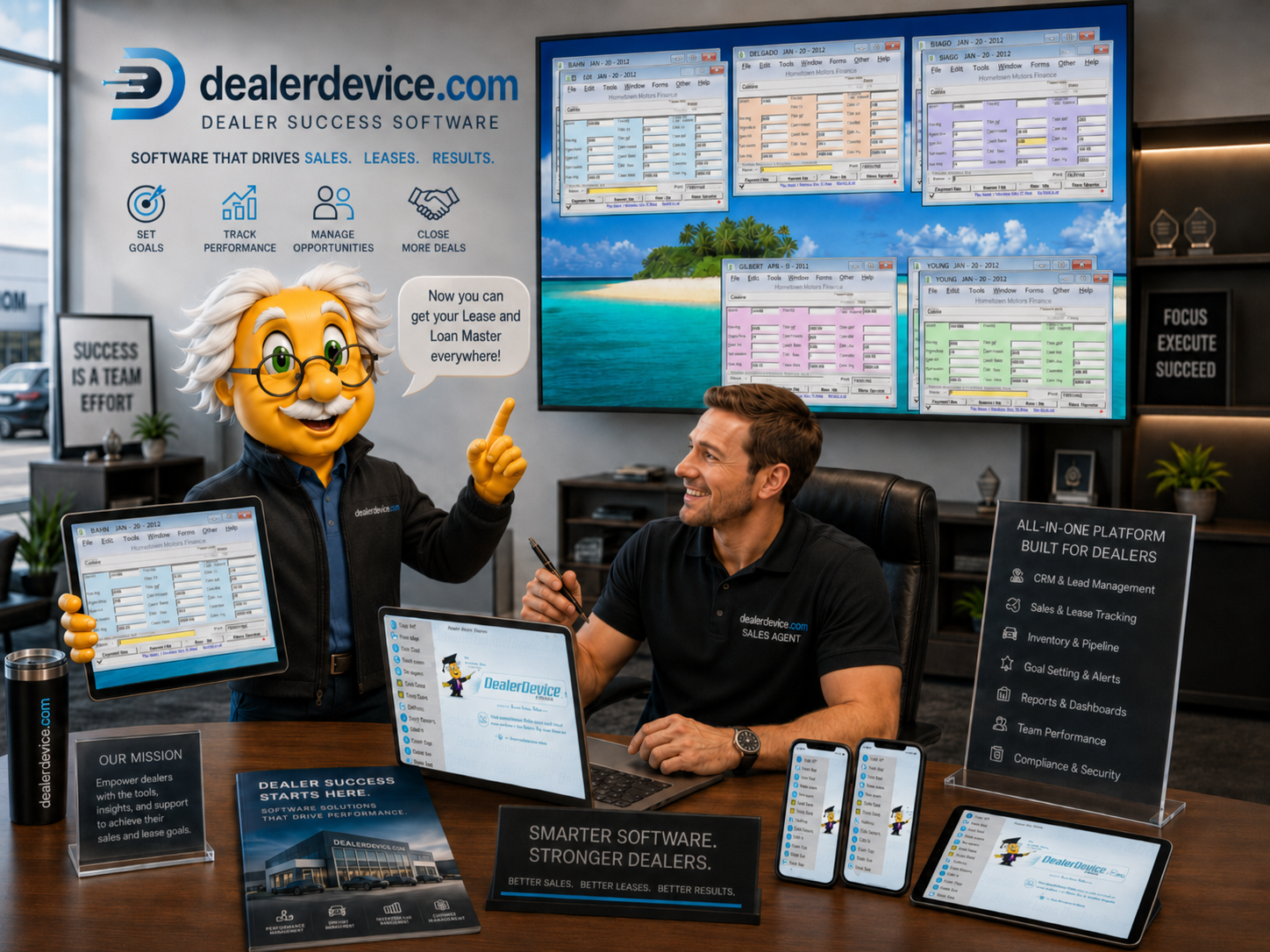 DealerDevice and Lease & Loan Master dealer software history showing sales leasing software across desktop tablet and mobile devices