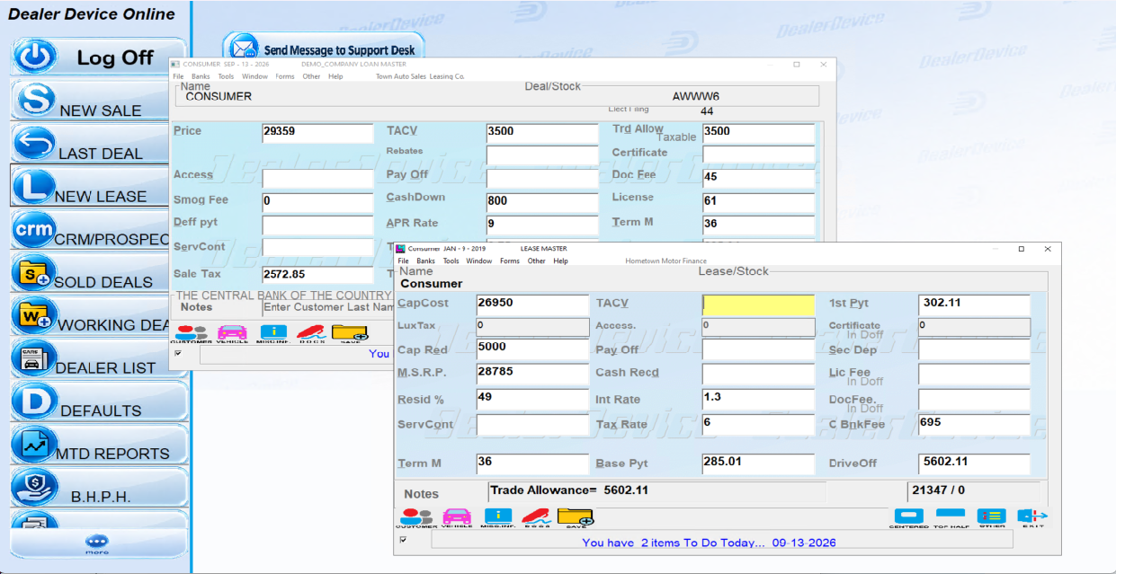 DealerDevice Online sales and lease desking software screen