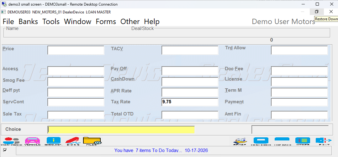 Complete DealerDevice loan desking software screen displayed on a tablet