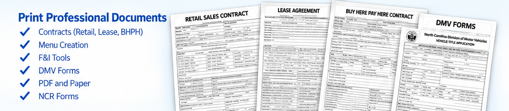 Print professional DealerDevice documents including retail sales contracts, lease agreements, buy here pay here contracts and DMV forms